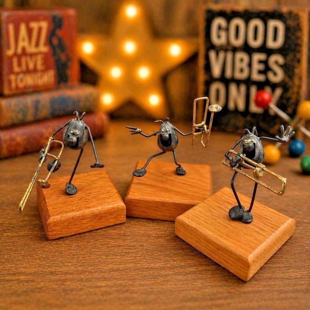 Set Vintage Sand Fleas Steel Musician Figurines Trombone Jazz Band Folk Art USA